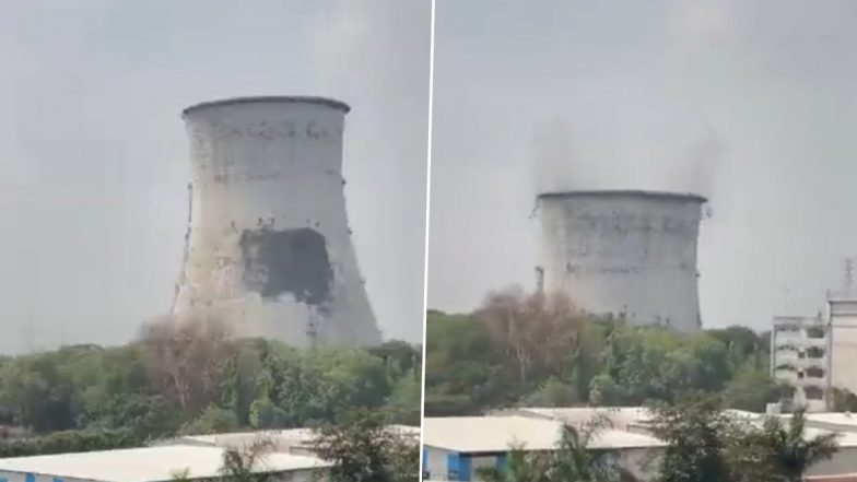 Gujarat: State Electricity Board’s Two 85-Metre-Tall Cooling Towers of Surat’s Utran Power Station Demolished in Flat 20 Seconds (Watch Video)