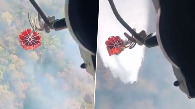 IAF Helicopter Dispenses Over 25000 Litres Of Water Over Forest Fire Affected Areas in Goa (Watch Video)