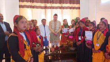 Uttarakhand CM Pushkar Singh Dhami Celebrates Festival of Phooldei With School Children (Watch Video)