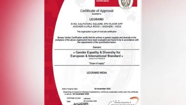 Business News | Group Legrand India Receives Gender Equality and Diversity for European and International Standard Certification
