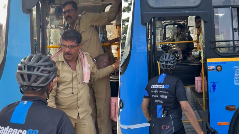 Road Rage in Bengaluru: Ugly Fight Breaks Out Between BMTC Bus Driver and Cyclist After State Vehicle Almost Knocks Him Near Vajrahalli Metro Station (Watch Video)