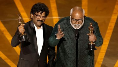 Oscars 2023: RRR Song ‘Naatu Naatu’ Wins for Best Original Song; Composer MM Keeravani and Lyricist Chandrabose Accept the Award (Watch Video)