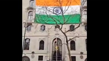 India's Befitting Reply To Khalistanis: Tricolour Flying High at Indian High Commission in London, Officials Put Up Bigger Tiranga After Khalistani Elements Tried To Vandalise National Flag in UK (Watch Video)