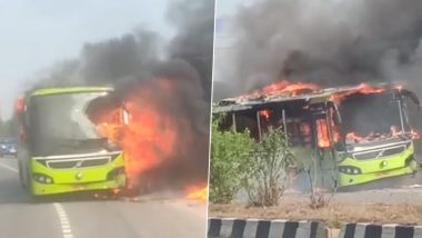 Telangana: Lucky Escape For Passengers After TSRTC Bus Catches Fire in Suryapet (Watch Video)