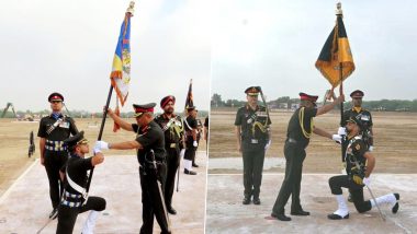 Indian Army Chief Manoj Pande Presents Prestigious 'President's Colours' to Four Armoured Regiments in Rajasthan (See Pics)