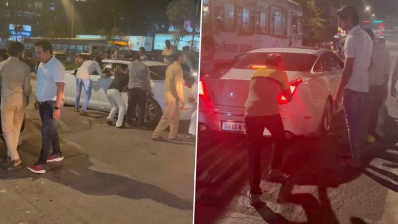 Mumbai: Jaguar Car Gets Stuck on Speed Breaker Near Phoenix Marketcity Mall in Kurla, Locals Push Luxury Car Off Road Bump (Watch Video)