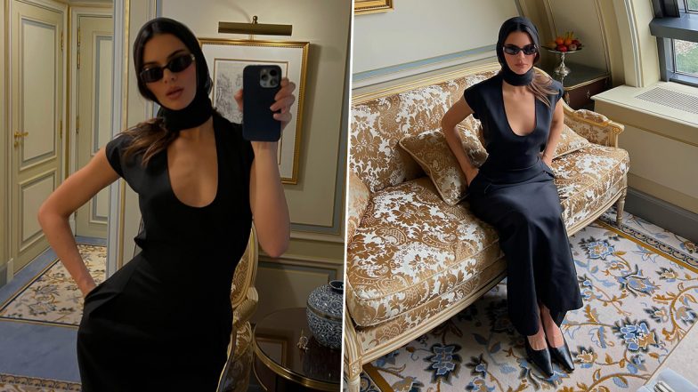 Kendall Jenner Offers Vintage Glam in All-Black Outfit, Headscarf and Sunglasses (View Pics)