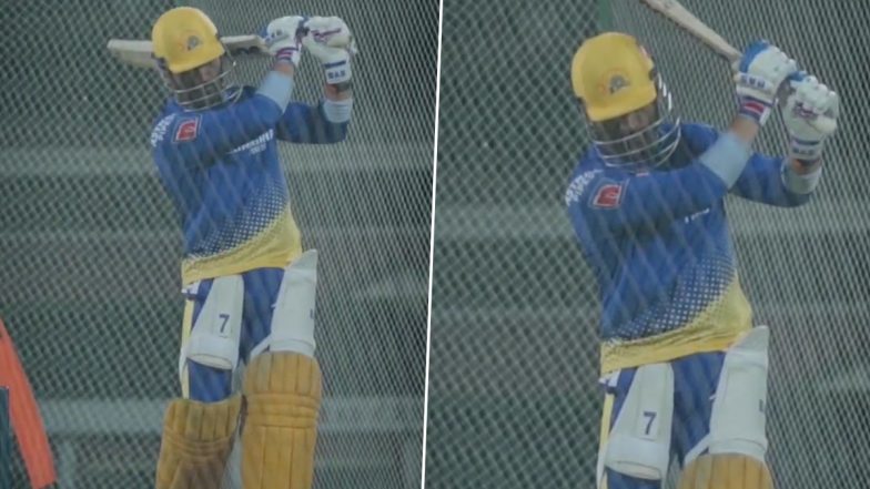 Out of the Park! MS Dhoni Warms Up for IPL 2023 in Style, CSK Captain Calmly Smashes Huge Hit in Training Session (Watch Video)