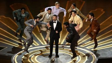 Oscars 2023 Host Jimmy Kimmel Warns ‘Naatu Naatu’ Treatment To Winners Going Overboard With Speeches; Gets Shoved Off Stage By the Dancers (Watch Video)