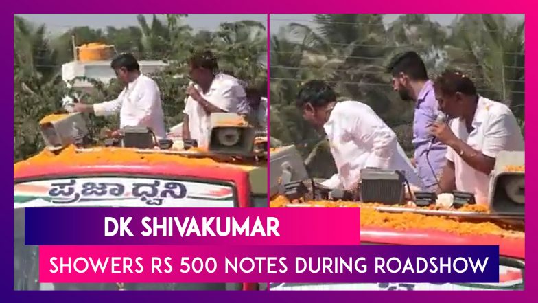 Karnataka Congress Chief DK Shivakumar Showers Rs 500 Notes On Crowds During 'Praja Dhwani Yatra' In Mandya District