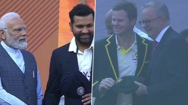 Rohit Sharma, Steve Smith Receive Their Test Caps From PM Narendra Modi and Australian Prime Minister Anthony Albanese at the Start of IND vs AUS 4th Test 2023 (See Pics and Video)