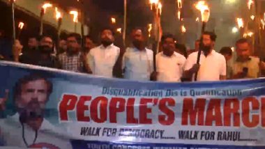 Rahul Gandhi Disqualified From Lok Sabha: UDF Holds Torch March in Kerala's Wayanad Against Central Government (Watch Video)