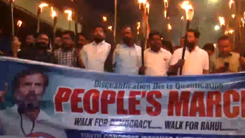 Rahul Gandhi Disqualified From Lok Sabha: UDF Holds Torch March in Kerala's Wayanad Against Central Government (Watch Video)