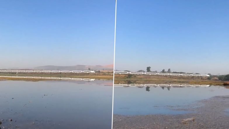 What a Capture! Union Minister Mansukh Mandaviya Shares Video of Speeding Vande Bharat Train's Beautiful Reflection Falling on Water Body