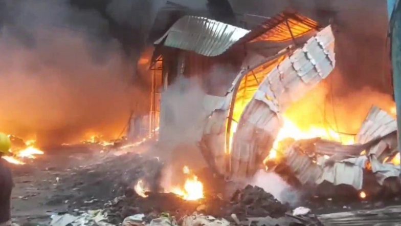 Gujarat Fire: Massive Blaze Erupts at 10 Scrap Godowns in Valsad District, Firefighting Operations Underway (See Pics)