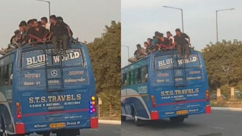 Noida: Video of Overcrowded Bus with Passengers Sitting on Rooftop Surfaces, Traffic Police Take Action