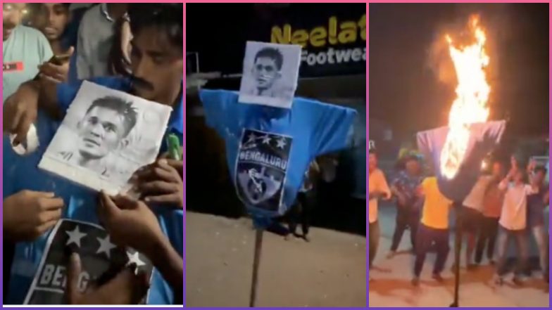 Kerala Blasters Fans Burn Sunil Chhetri's Effigy in Protest Following his Controversial Free Kick Goal in ISL 2022-23 Knockout Match (Watch Video)