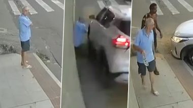 Elderly Man Nearly Escapes Death as Speeding Car Almost Rams Into Him, Viral Video Will Send Shivers Down Your Spine (Watch)