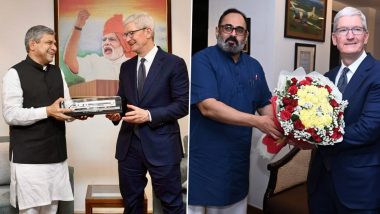 Tim Cook India Visit: After PM Narendra Modi, Apple CEO Meets Union Ministers Ashwini Vaishnaw and Rajeev Chandrasekhar (See Pics)