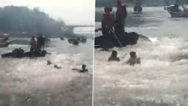 Madhya Pradesh: 15 Tourists Trapped on Rocks Rescued From Narmada River in Khandwa (Watch Video)