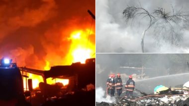 Delhi Fire: Massive Blaze Erupts At Plastic Godown in Tikri Kalan, Huge Flames Visible For Kms As Rescue Operations Continue (Watch Videos)