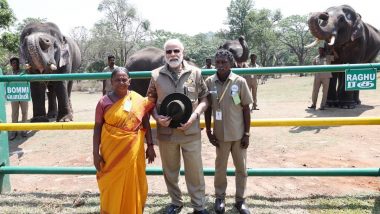 PM Narendra Modi Meets Bomman-Bellie, the Couple Who Inspired Oscar-Winning ‘The Elephant Whisperers’, Along With Elephants Bommi and Raghu (See Pics)