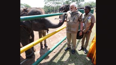 PM Narendra Modi Visits Theppakadu Elephant Camp in Mudumalai Tiger Reserve in Tamil Nadu, Interacts With Bomman and Bellie (Watch Video)