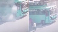 Madhya Pradesh: Major Tragedy Averted as Conductor Drives Burning Bus Away from Indore Petrol Pump (Watch Video)
