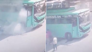 Madhya Pradesh: Major Tragedy Averted as Conductor Drives Burning Bus Away from Indore Petrol Pump (Watch Video)