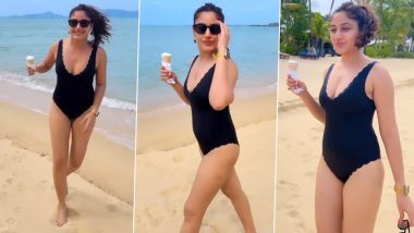 Surbhi Chandna Looks Hot in Black One Piece Swimsuit As She Enjoys Ice Cream on the Beach (Watch Video)