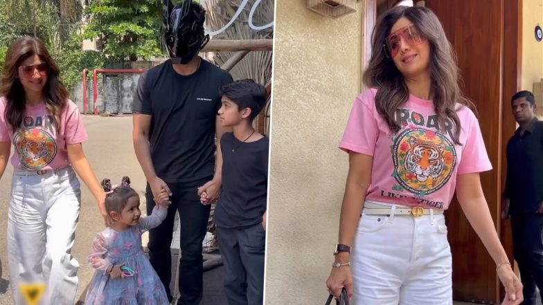 Shilpa Shetty and Raj Kundra Take Their Kids Out for Family Time on Sunday Afternoon, Actress’ Hubby Shows Up Wearing Black Mask (Watch Video)