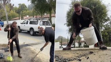 Arnold Schwarzenegger Patches Up Huge Pothole Caused by Recent Storms in His LA Neighbourhood (Watch Video)