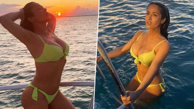 Salma Hayek Shows Off Her Hot Bod in Lime Green Bikini As She Takes a Dip in the Ocean (View Pics)