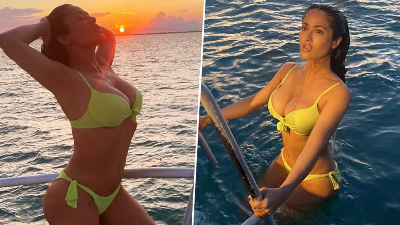 Salma Hayek Shows Off Her Hot Bod in Lime Green Bikini As She Takes a Dip in the Ocean (View Pics)