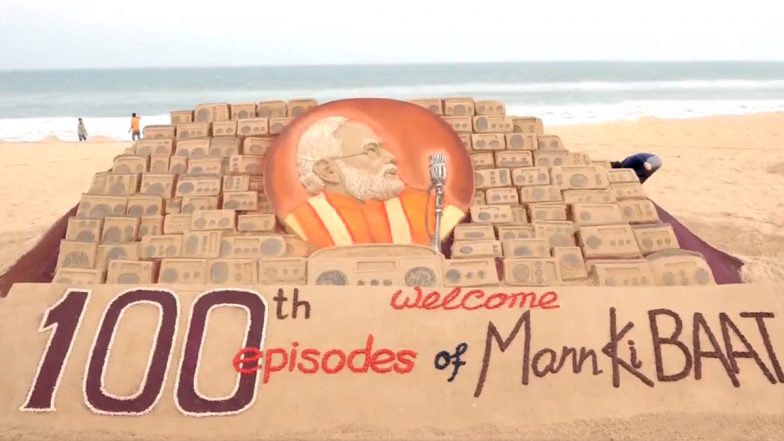 Mann Ki Baat 100th Episode: Sand Artist Sudarsan Pattnaik Creates Sand Sculpture Ahead of PM Narendra Modi’s Monthly Radio Programme (Watch Video)