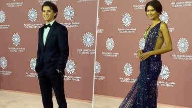 Zendaya Stuns in a Saree With Beau Tom Holland in Black Suit at NMACC Red Carpet Event Day 2 (Watch Videos)