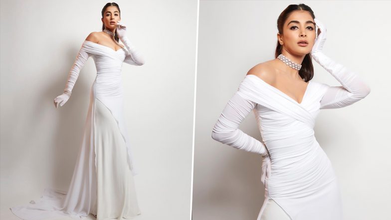 Pooja Hedge Oozes Elegance in a White Off-Shoulder Gown (View Pics)