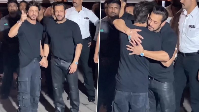 Shah Rukh Khan and Salman Khan Hold Hands and Hug As They Leave Baba Siddique’s Iftar Bash (Watch Video)