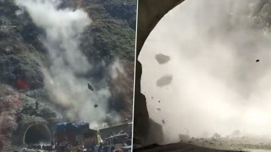 Landslide Caught on Camera! Large Part of Mountain Breaks Down on Jammu-Srinagar Highway in Ramban, Army Vehicle Damaged Near T-5 Tunnel (Watch Video)