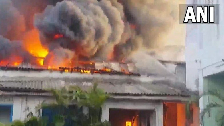 Bihar Fire: Massive Blaze Erupts at Refined Oil Storage Godown in Patna, Dousing Operation Underway (Watch Video)