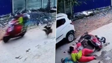 Stray Dog Attack in Odisha: Woman Rams Scooter Into Parked Car After Being Chased by Canines in Berhampur City (Watch Video)