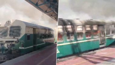 Gujarat Local Train Catches Fire At Botad Railway Station, No Injuries Reported (Watch Video)