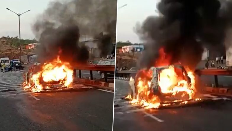 Maharashtra: Car Catches Fire on Pune-Bengaluru Highway Near Dari Bridge, No Injuries Reported (Watch Video)