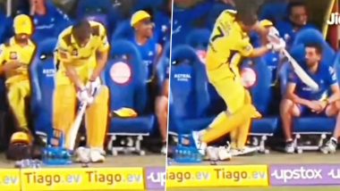 MS Dhoni's Shadow Practice Near CSK Dug Out Almost Hits Deepak Chahar's Head, Latter Leaves Chair in Fear (Watch Video)