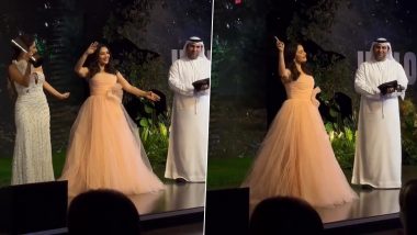 Madhuri Dixit Grooves to Her Iconic Song 'Ek Do Teen Char' in Gown at an Award Function (Watch Video)