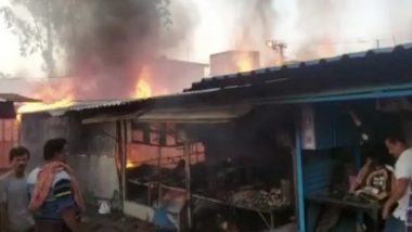 Odisha Fire: Massive Blaze Erupts in Keonjhar Market, Over 100 Shops Gutted (Watch Video)