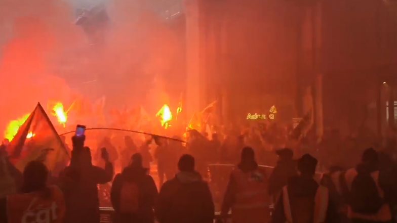 France: Massive Protest Erupts Outside Black Rock Offices in Paris Over Pension Age Rise (Watch Video)