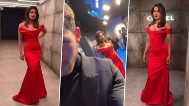 Priyanka Chopra Opts for Red Off-Shoulder Gown As She Poses With Nick Jonas at Citadel's Global Premiere (Watch Video)