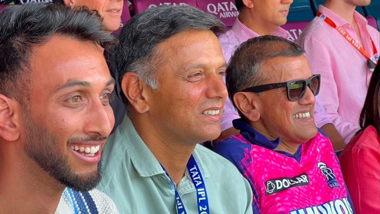 Rahul Dravid Watches RCB vs RR IPL 2023 Match at Chinnaswamy Stadium Alongside Prasidh Krishna and Rajasthan Royals Co-Owner Manoj Badale