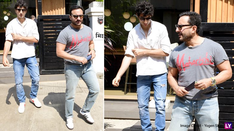 Saif Ali Khan and Ibrahim Ali Khan Clicked Post Lunch Date in the City; Father-Son Duo Look Dapper in Casual Outfits (Watch Video)